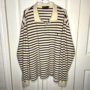 Polo Ralph Lauren Cream With Brown Stripes Long Sleeve Polo Size XXL 2XL Cotton